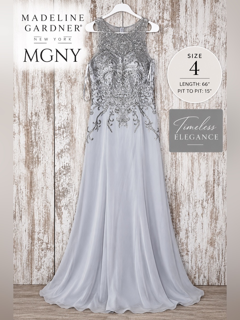 MGNY Madeline Gardner Beaded Embellished Formal Gown Silver Gray Dress Size 4